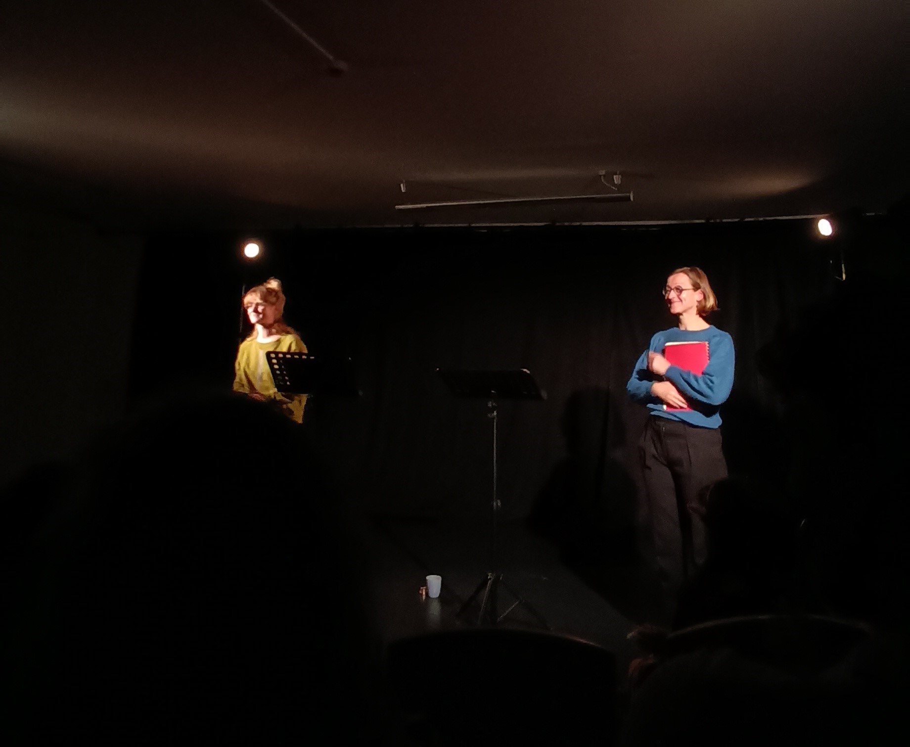 En fond, photographie des deux comédiennes interprétant les personnages de la pièce